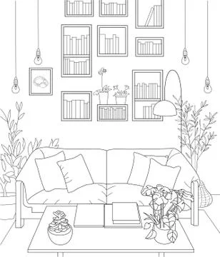 Scandinavian Style Reading Room Vector Line Art Stock Illustration