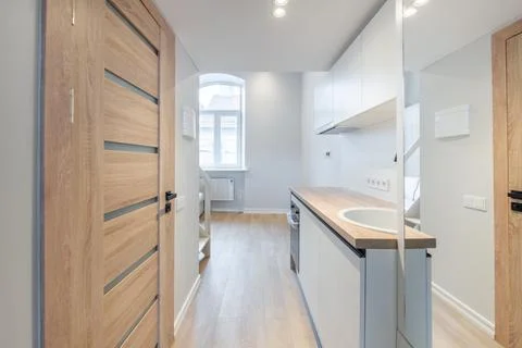 Scandinavian Style Tiny Modern Open Bright Minimalism Kitchen Home Interior.. 스톡 사진