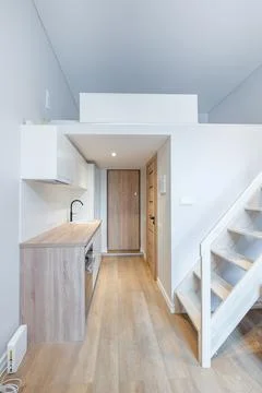 Scandinavian Style Tiny Modern Open Bright Minimalism Kitchen Home Interior.. 스톡 사진