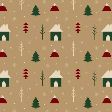 Scandinavian style winter pattern with green houses fir trees and mountains.. Stock Illustration