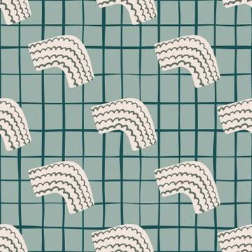 Scandinavian stylized pattern. Light pink elements and chequered blue backgro Stock Illustration