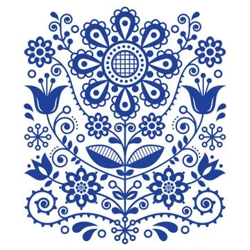 Scandinavian vector folk art pattern, floral retro ornament design Stock Illustration