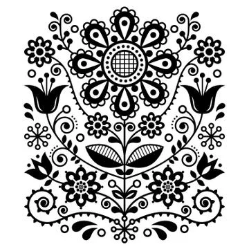 Scandinavian vector folk art pattern, floral retro ornament design Stock Illustration