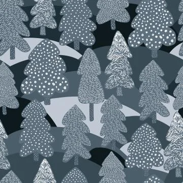 Scandinavian winter pine tree seamless pattern. Doodle forest background. Stock Illustration