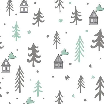 Scandinavian winter seamless pattern. Cute houses, and trees landscape. Cartoon Stock Illustration