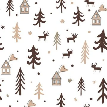 Scandinavian winter seamless pattern. Simple deer, houses, and trees landscape Stock Illustration