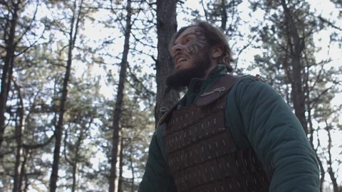 Scandinavic viking is coming. Roar and scream. Tattoo face Video stock 124969837