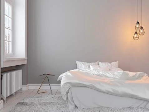 Scandinavin loft gray empty bedroom interior with bed, table and lamp. Stock Illustration