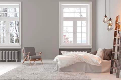 Scandinavin loft gray empty bedroom interior with armchair, bed and lamp. Stock Illustration