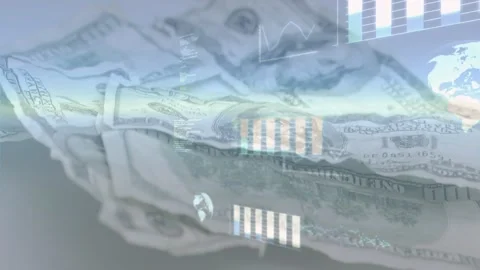 Scanline appearing, USD $100 stack receiving wave and revealing floating HUD, Stock Footage 329898945