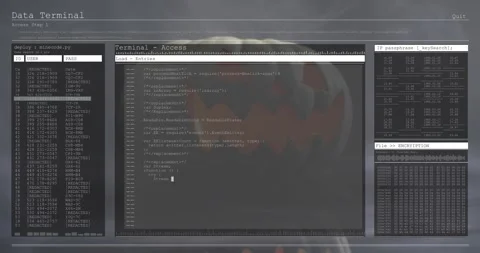 Scanline flicker starting Terminal UI fading over glowing pumpkin loading code Stock Footage 317834671