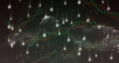 Scanline glitch starting helices drifting while binary code falling into Stock Footage 328656397