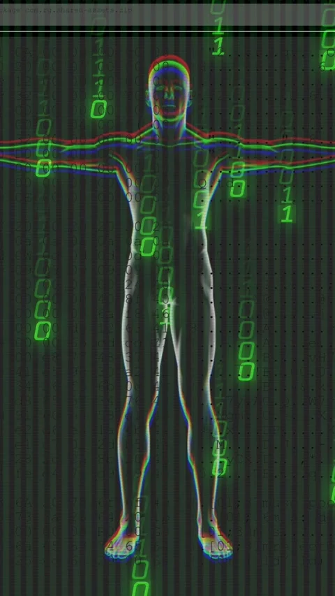 Scanline passing and initiating binary cascade while male 3D mannequin rotating Stock Footage 330242337
