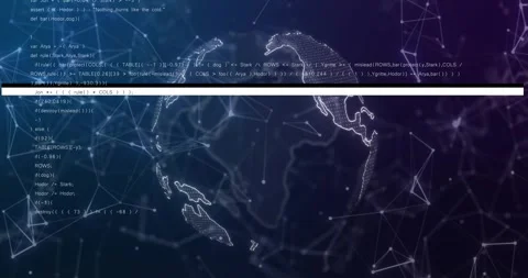 Scanline sweeping starting dotted globe rotating, shifting to mesh, showing code Stock Footage 321799503
