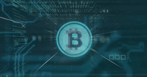 Scanlines starting Bitcoin token in teal corridor, pulsing pulling code streams, Stock Footage 320586401