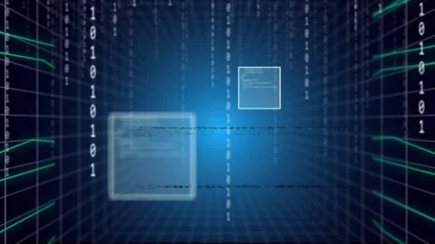 Scanlines sweeping, revealing wireframe HUD panels while binary streams falling, Stock Footage 335211844