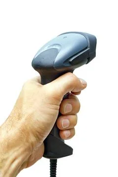 Scanner barcode in man s hand scanner barcode in man s hand isolated on wh... Foto stock