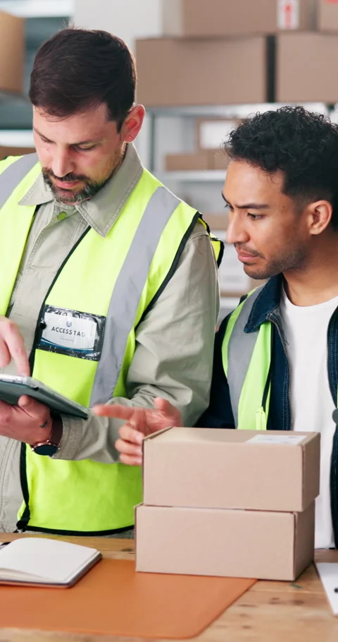 Scanner, boxes and distribution employees with tablet in workshop for courier Stock Footage 343165445