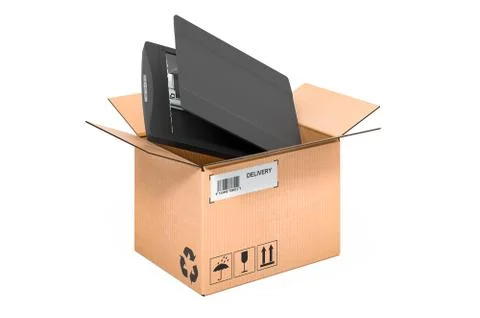 Scanner inside cardboard box, delivery concept. 3D rendering Illustration