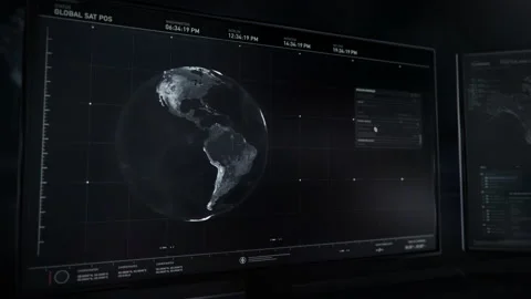 Scanner Interface has detected three satellite signal locations on a planet map Stock Footage 172190374