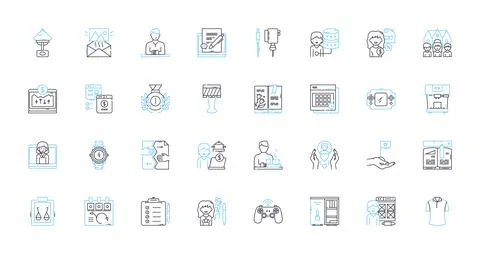 Scanner linear icons set. Digitalize, OCR, Sheet-fed, Flatbed, Portable, Duplex Stock Illustration