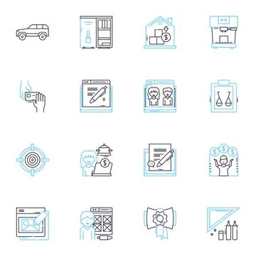 Scanner linear icons set. Digitalize, OCR, Sheet-fed, Flatbed, Portable, Duplex Stock Illustration