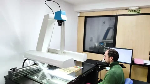 Scanner operator technician digitizing documents from a book with a scanner Stockbeeldmateriaal 149782399