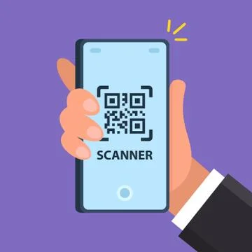 The scanner on the phone scans the square. Illustrazione stock