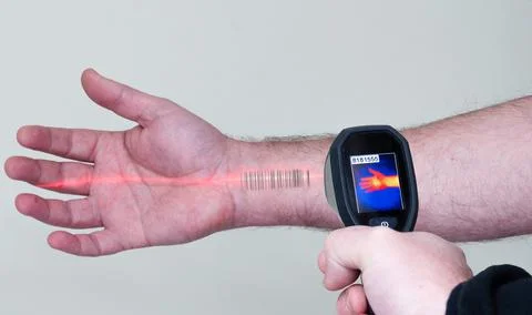 Scanner reads a barcode on a man's arm Stock Photos