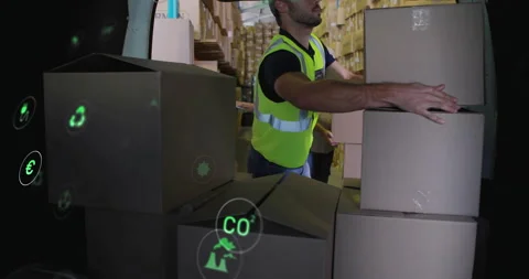 Scanner scanning boxes showing eco icons as loader stacking cargo on dock for Stock Footage 315801676