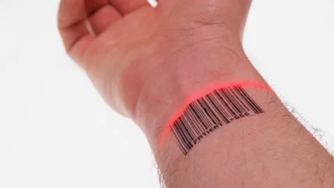 The scanner scans the wrist of a person with a barcode labeled patient 666 Stock Footage 104112458