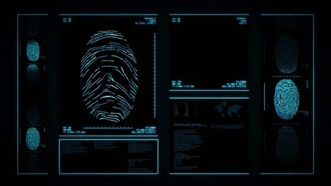 Scanner searching and analyzing various fingerprints in a database. Blue. Stock Footage 80493542