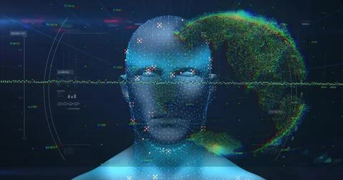 Scanning 3D digital bust showing glowing dots and scanline at virtual console 스톡 사진