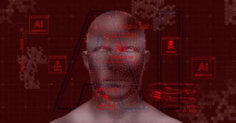 Scanning 3D head-torso with bare-shoulders in cyberspace, HUD, point-cloud, Stock Illustration
