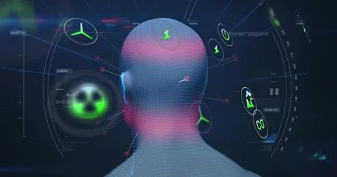 Scanning 3D mesh head glowing pink in UI with holographic rings, eco, hazard and Stockillustratie