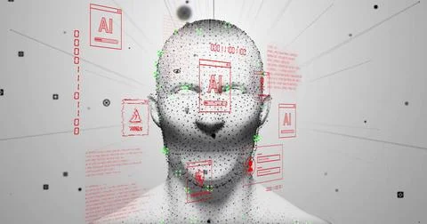 Scanning 3D-rendered bust with black sampling dots and green facial nodes in Stock Photos
