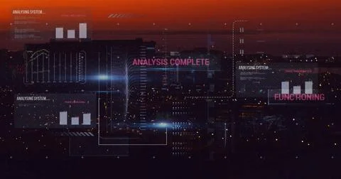 Scanning and analysis complete text image over cityscape at sunset Stockillustratie
