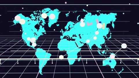 Scanning band crossing turquoise map driving nodes appearing linking pulsing Stock Footage 335637196