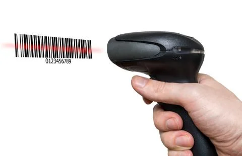 Scanning barcode with bar code reader isolated on white background. Stock Photos
