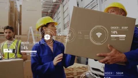 Scanning barcode, helmeted pair moving carton in warehouse while HUD overlays Stock Footage 334202566