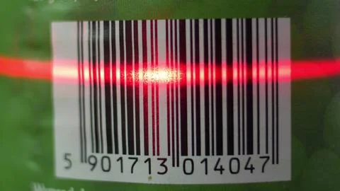 Scanning Barcode with Red Laser Barcode Scanner Stock-Fotos