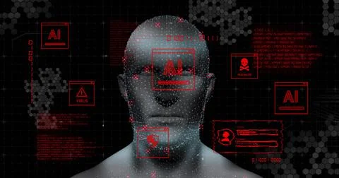 Scanning bare-shouldered 3D humanoid head and torso in cyber console, showing Stock Photos