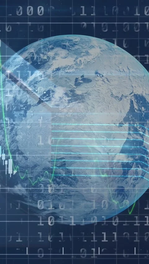 Scanning beam sweeping in activating globe revealing market charts, binary % for Stock Footage 332939521