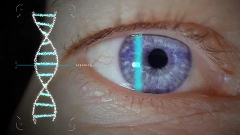 Scanning blue eye iris for secure biometrics authentication. DNA graphics Stock Photos