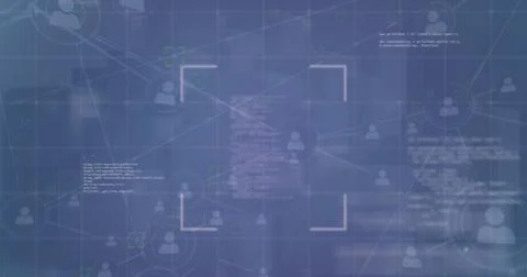 Scanning bracketed frame over interface, showing connected user icons, lines, Foto stock