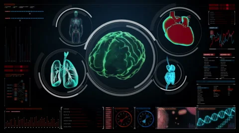 Scanning brain, heart, lungs, internal organs in digital display dashboard. Stock Footage 68756291