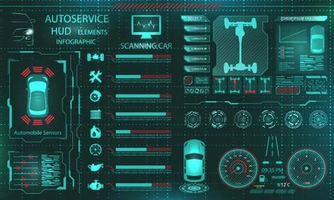 Scanning Car, Analysis and Diagnostics Vehicle, HUD UI Elements, Selection of Illustrazione stock