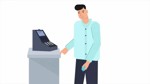 Scanning card with payment verification men flat art motion graphic animation. Video stock 296373390