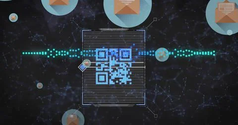 Scanning central blue QR code within scanning frame in virtual network, showing Stock Photos