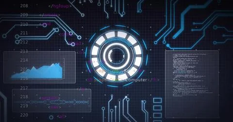 Scanning central concentric HUD glowing on dark grid interface, showing area Stock Illustration